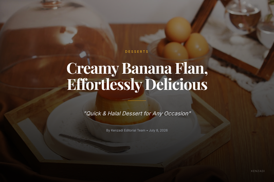 Close-up of a creamy banana flan dessert in a ramekin, garnished with fresh banana slices and a hint
