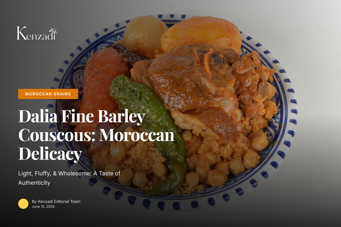 Close-up of Dalia Fine Barley Couscous in a wooden bowl, with fresh herbs and spices in the background,