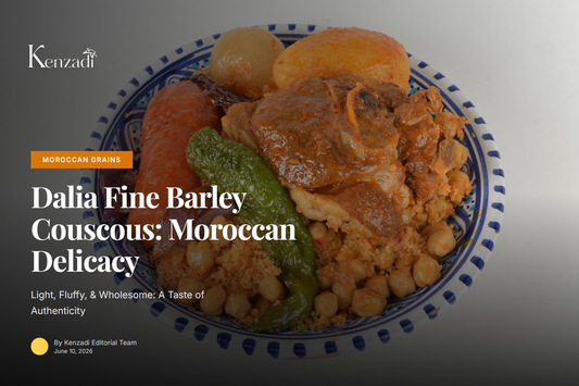 Close-up of Dalia Fine Barley Couscous in a wooden bowl, with fresh herbs and spices in the background,