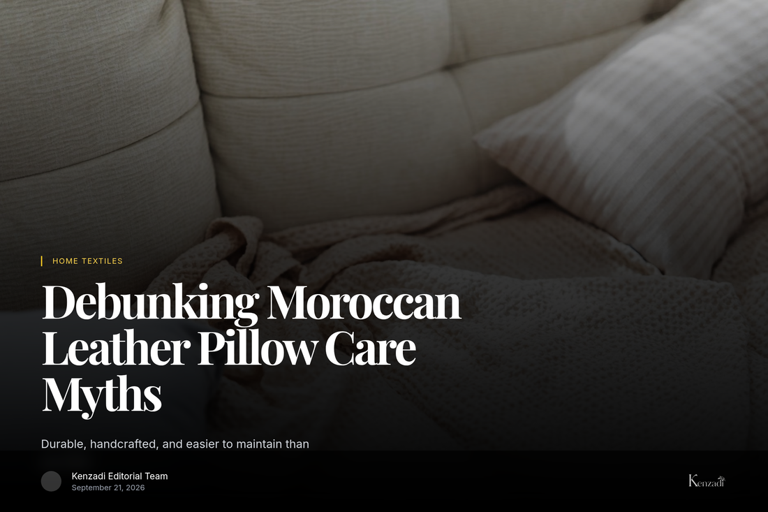 Beige Moroccan leather throw pillow case styled on a couch