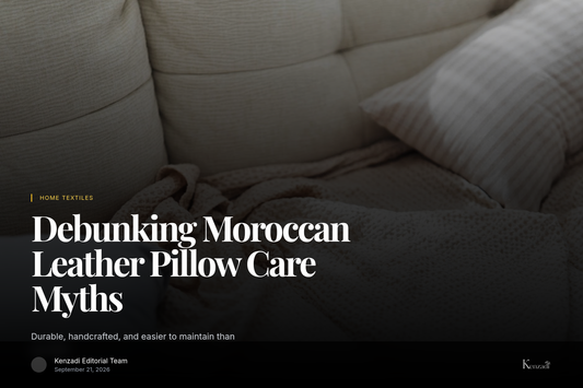Beige Moroccan leather throw pillow case styled on a couch