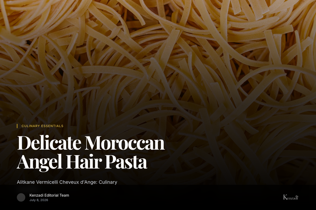 Close-up of Alitkane Vermicelli Cheveux d'Ange, uncooked delicate pasta strands on a rustic wooden surface.