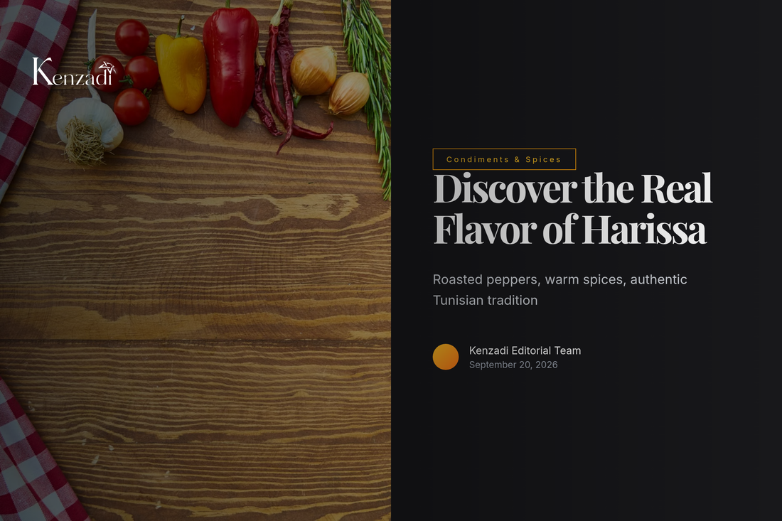 Tube of Le Phare du Cap Bon Harissa Paste next to fresh chili peppers and spices