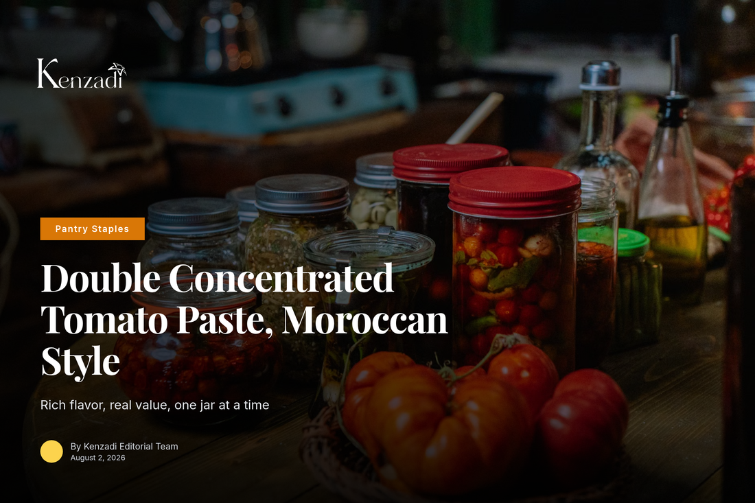 Glass jar of Aicha Double Concentrated Tomato Paste 720ml on a kitchen counter