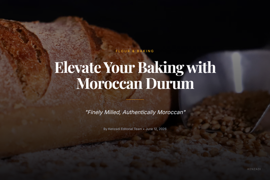 Open bag of Kenz Finot premium Moroccan durum wheat flour with grains and fresh pasta