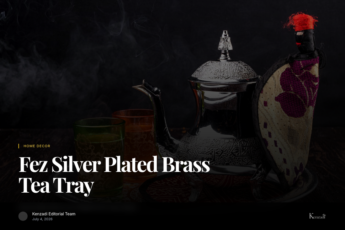 Close-up of an 8.25 inch silver-plated brass Moroccan tea tray with intricate hand-etched patterns, resting on a rustic