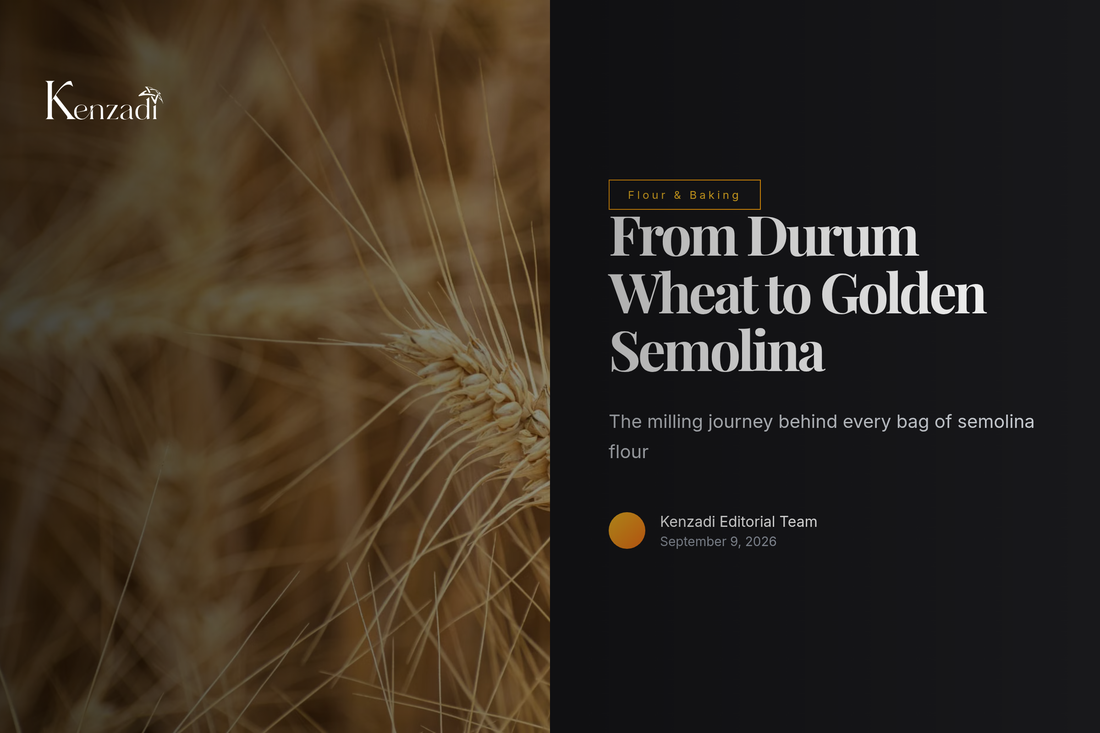 Bag of Kenz Premium Durum Wheat Semolina medium grain flour beside raw durum wheat grains