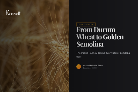 Bag of Kenz Premium Durum Wheat Semolina medium grain flour beside raw durum wheat grains