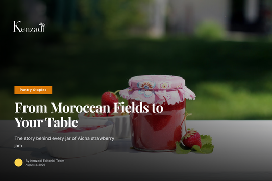 Jar of Aicha Moroccan strawberry jam 370ml on a breakfast table