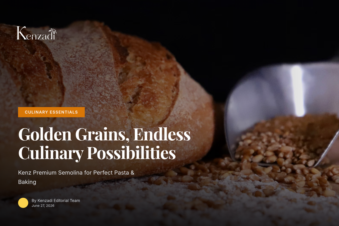Close-up of golden medium grain durum wheat semolina flour on a rustic wooden table with fresh pasta and