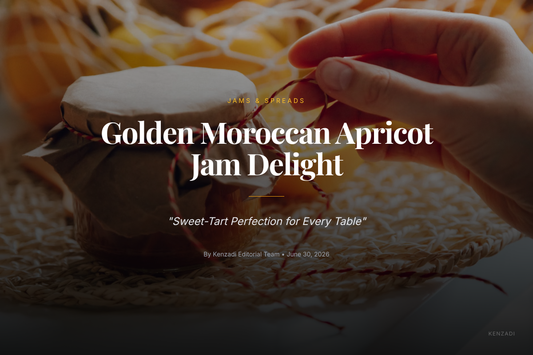 Close-up of a jar of Aïcha Extra Apricot Jam with fresh apricots in the background, on a rustic