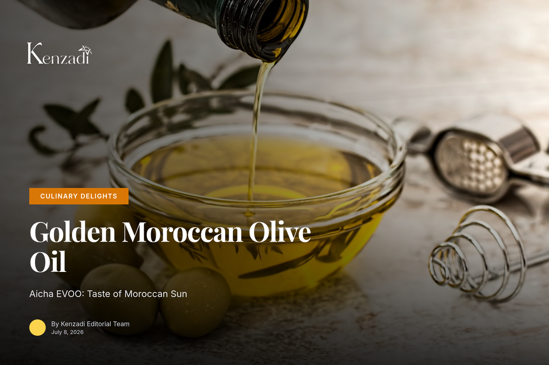 Bottle of Aicha Extra Virgin Olive Oil on a rustic wooden table with fresh olives and herbs