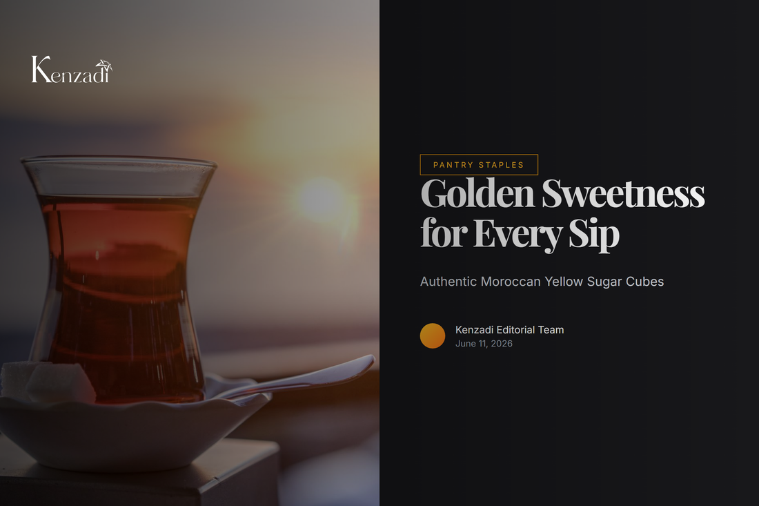 Small golden yellow sugar cubes piled neatly next to a traditional Moroccan teapot and tea glasses on a