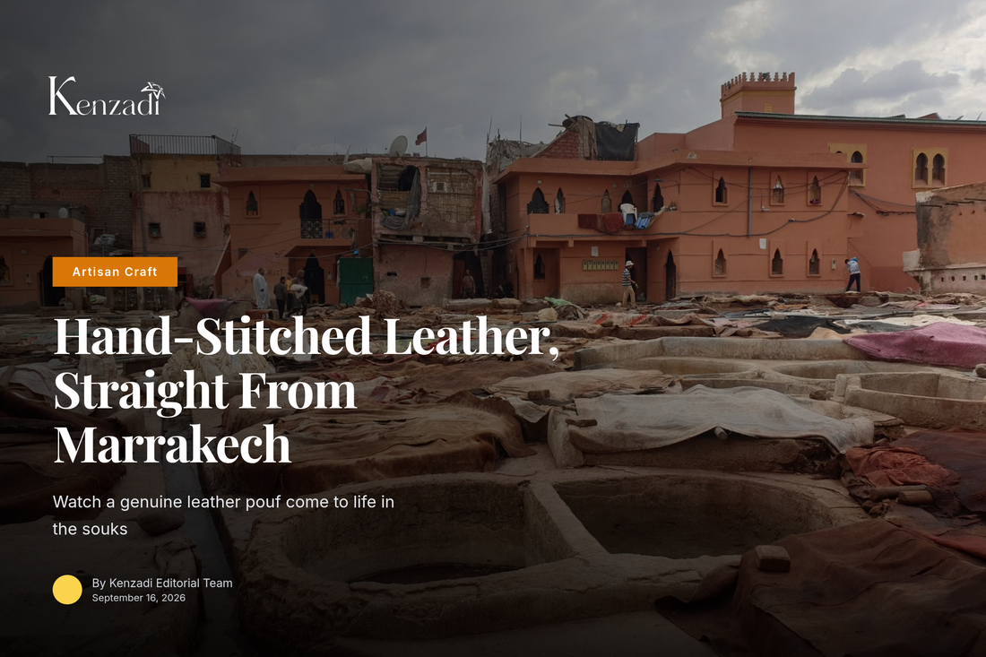 Moroccan artisan hand-stitching a genuine blue jean leather pouf in a Marrakech workshop