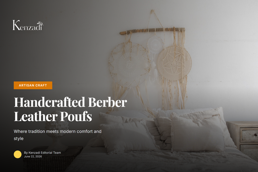 A collection of authentic Moroccan leather poufs in black and brown with geometric embroidery, arranged on a woven