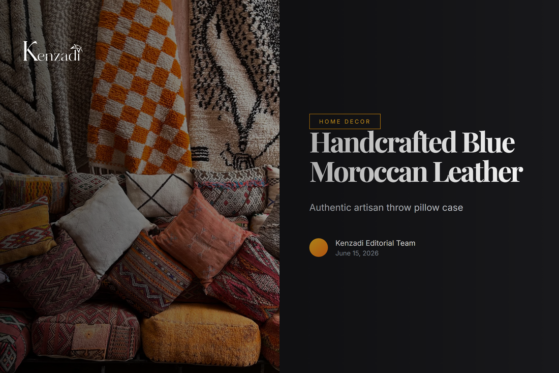 Handmade blue Moroccan leather throw pillow case on a neutral sofa