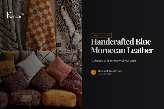 Handmade blue Moroccan leather throw pillow case on a neutral sofa