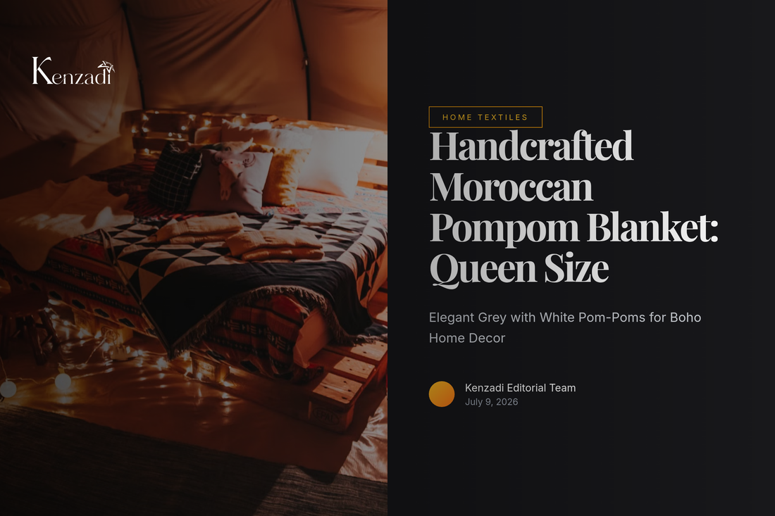 Queen size grey Moroccan pompom blanket with large white pom-poms draped beautifully on a bed in a bright,