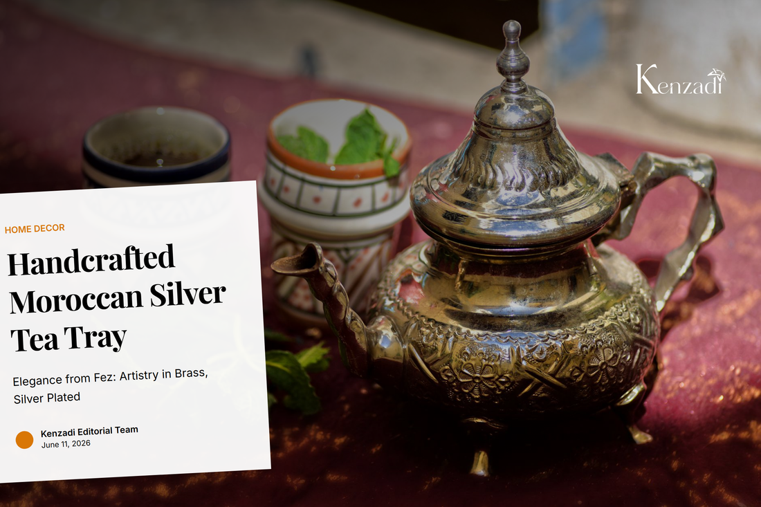 A beautifully intricate 13.3-inch rectangular silver-plated brass Moroccan tea tray with traditional patterns on a wooden surface, ready