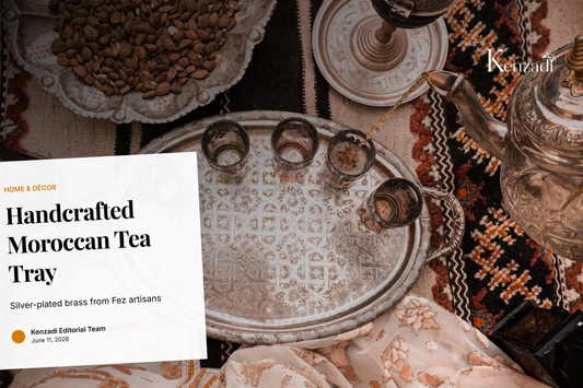 Close-up of a silver-plated brass tea tray with intricate geometric patterns, placed on a wooden table with mint