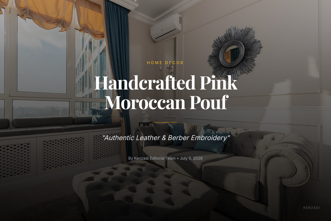 A vibrant pink Moroccan leather pouf with light blue Berber embroidery on a light rug in a sunny