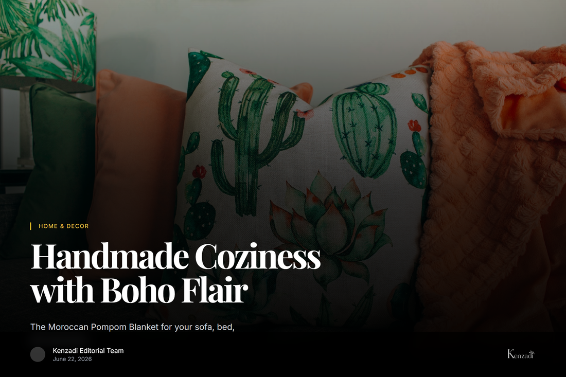 A beautifully draped green handmade blanket with white pompom trim on a cozy neutral sofa in a sunlit