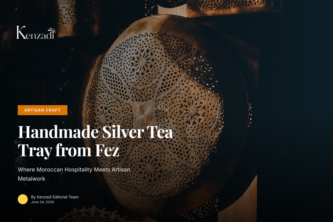 A detailed shot of a hand-hammered, silver-plated brass Moroccan tea tray with intricate geometric patterns, resting on a