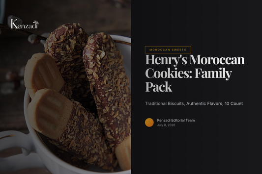 A family pack of Henry's Moroccan traditional biscuits arranged elegantly with mint tea and Moroccan decor.