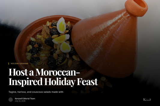 Bottle of Alhorra Moroccan Virgin Olive Oil beside a holiday tagine spread