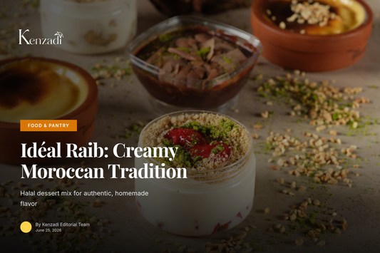 A close-up of a traditional Moroccan ceramic bowl filled with smooth, set raib custard, garnished with chopped pistachios