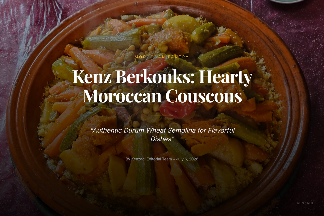 Close-up of Kenz Berkouks large couscous grains in a wooden bowl with fresh herbs and spices