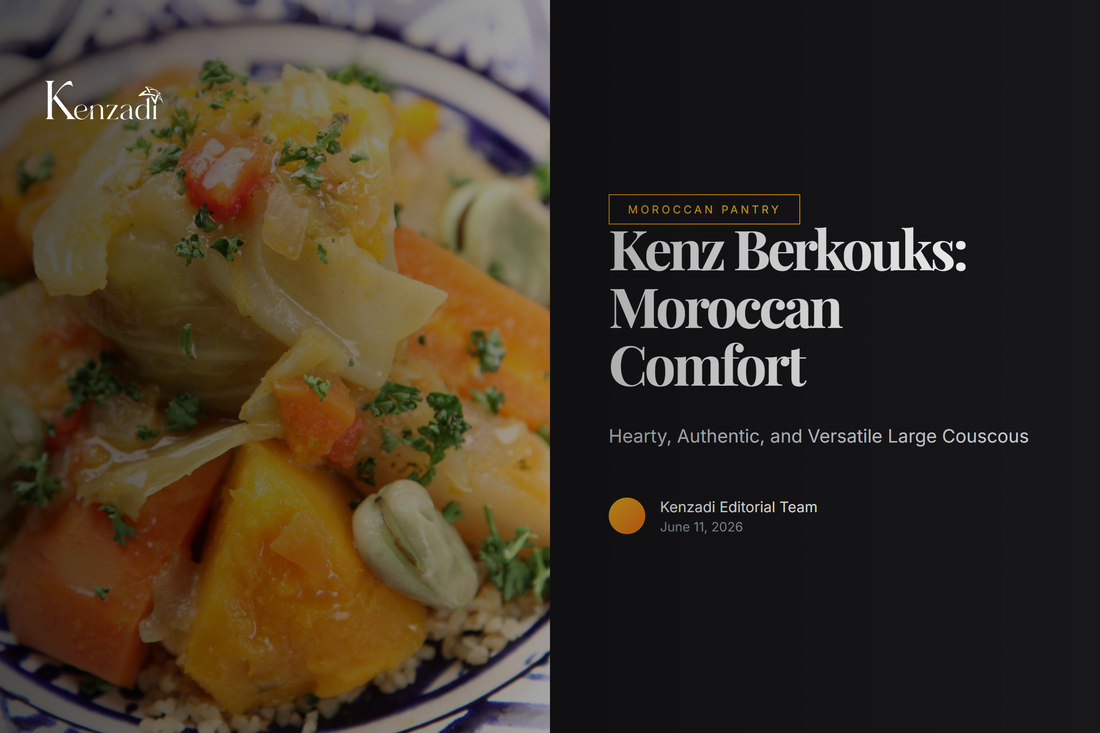 Large grain berkouks couscous in a rustic bowl with Moroccan spices and tagine in background.