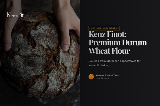 A close-up of hands sifting golden Kenz Finot durum wheat flour into a traditional Moroccan bread dough on