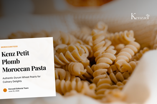 Close-up of Kenz Petit Plomb traditional Moroccan pasta pearls in a rustic bowl, with a wooden spoon and