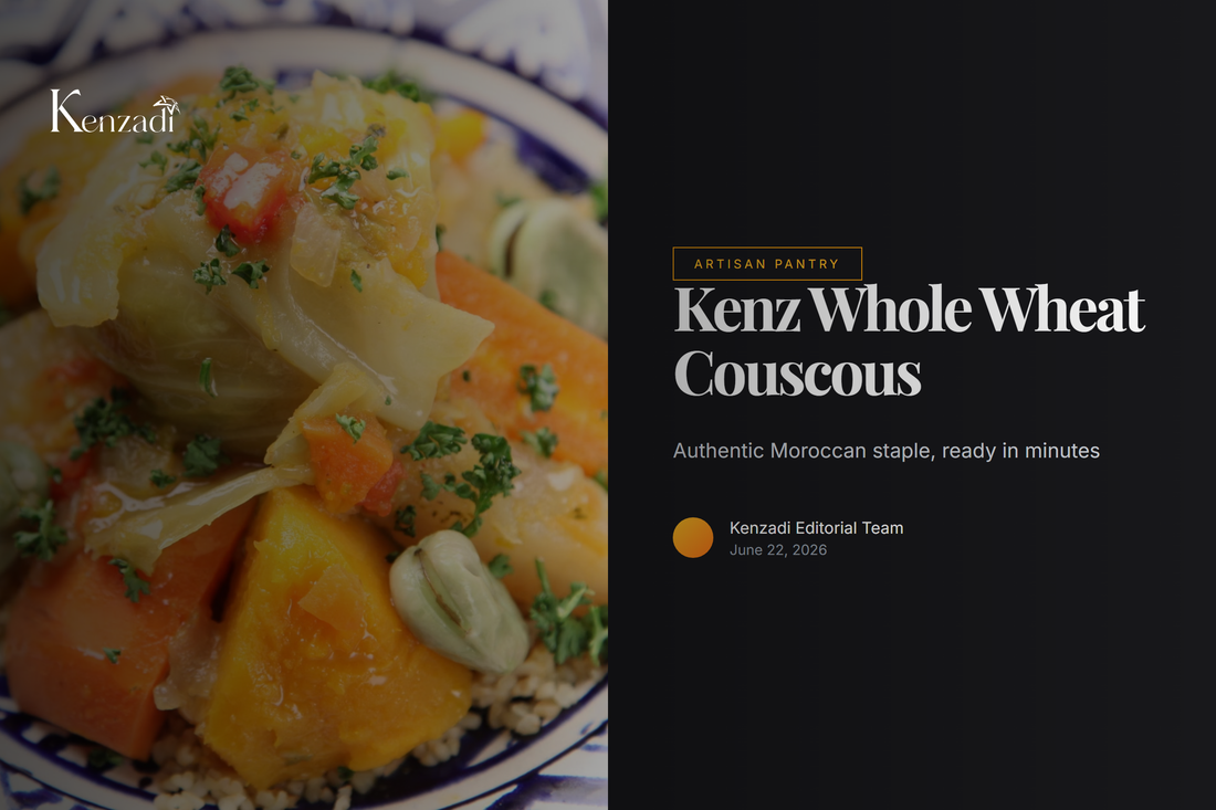 A traditional Moroccan tagine served over a large, steaming platter of fluffy whole wheat couscous, garnished with fresh