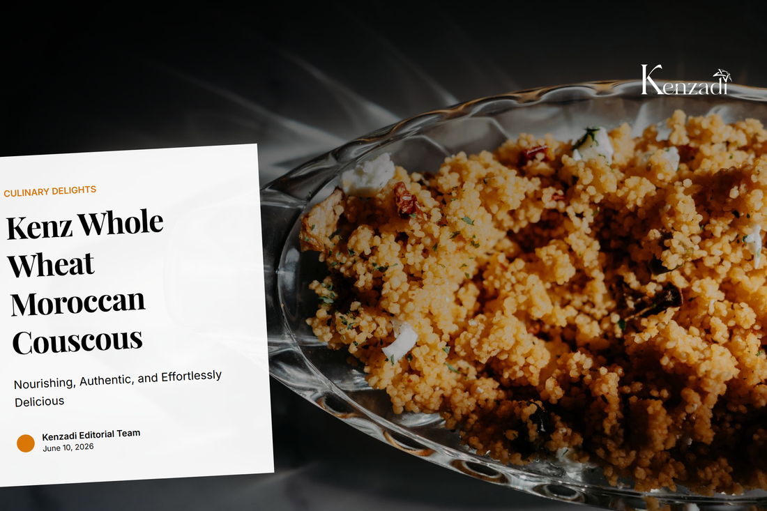 A bowl of fluffy cooked whole wheat couscous garnished with fresh herbs, alongside Moroccan spices and vegetables