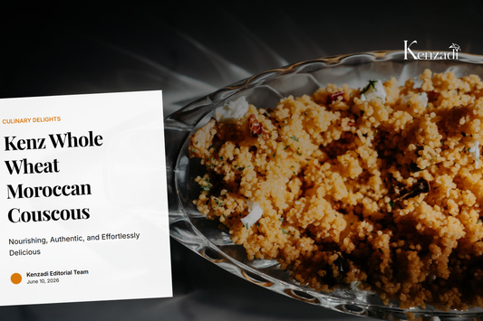 A bowl of fluffy cooked whole wheat couscous garnished with fresh herbs, alongside Moroccan spices and vegetables