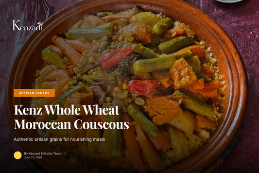 A rustic wooden table setting featuring a white bowl filled with fluffy golden whole wheat couscous, topped with
