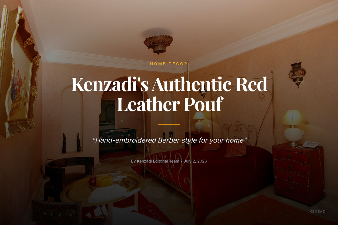 Vibrant red Moroccan leather pouf with intricate black embroidery in a bohemian living room setting, showcasing its texture