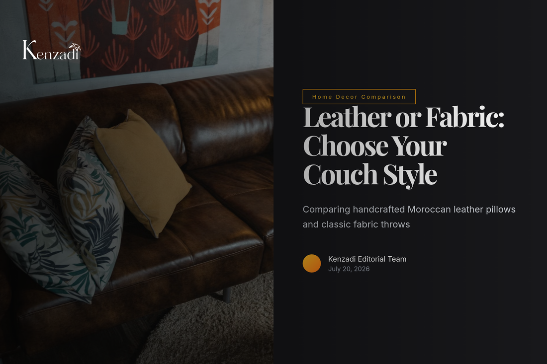 Green Moroccan leather throw pillow case styled on a couch beside fabric cushions