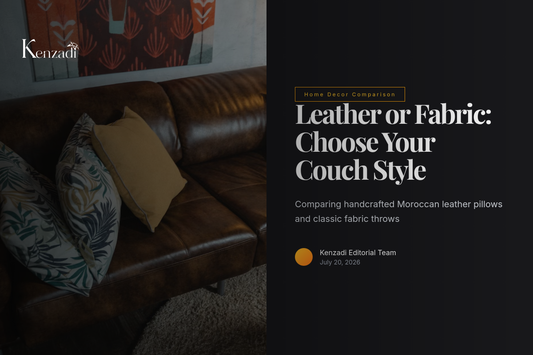 Green Moroccan leather throw pillow case styled on a couch beside fabric cushions