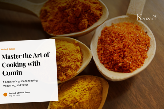 Jar of TAYEB organic ground Moroccan cumin powder next to fresh spices