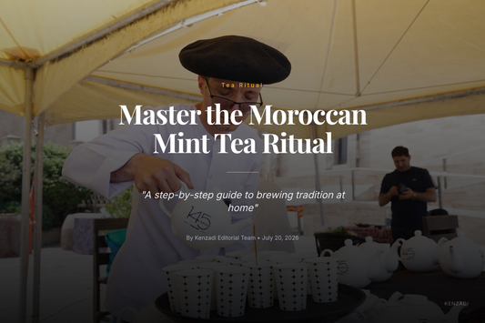 Glass of Moroccan mint tea being poured from a height next to Moroccan Grain Ambar loose green tea