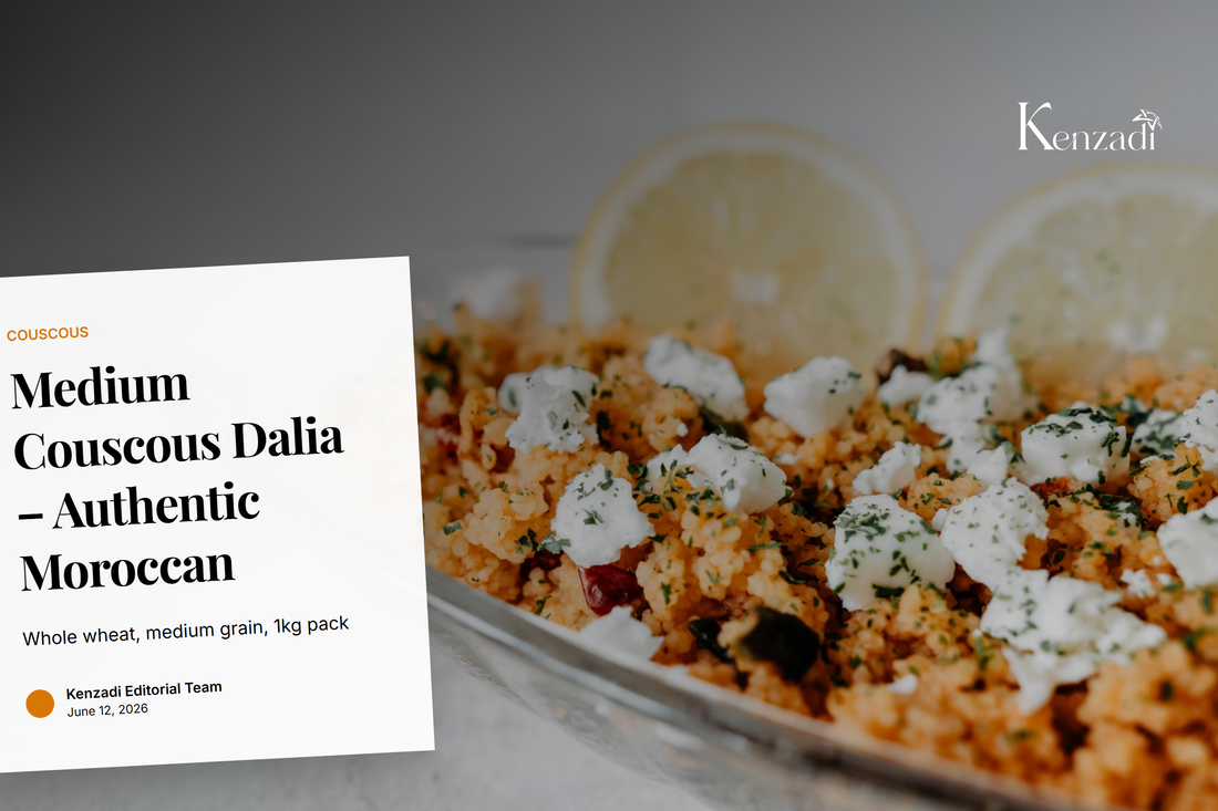 A wooden bowl filled with fluffy medium couscous garnished with fresh parsley and mint, on a rustic table