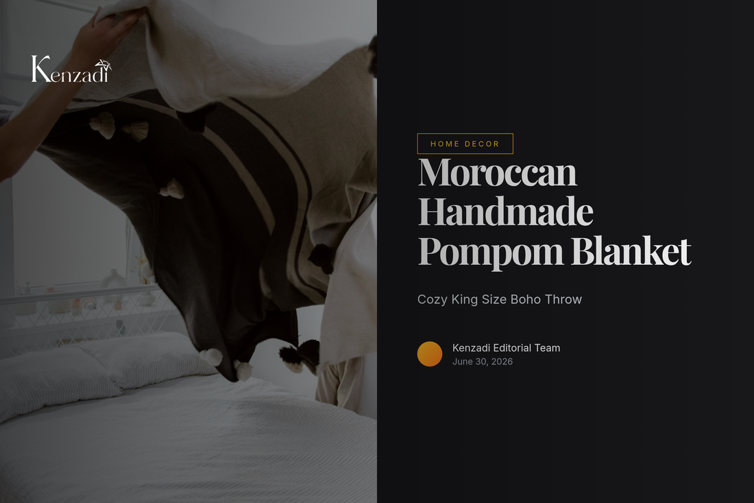 Striking brown and white Moroccan pompom blanket with handcrafted tassels, folded neatly on a bed