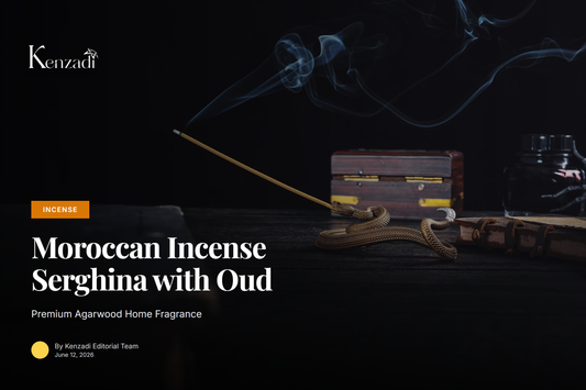 Traditional Moroccan incense Serghina pieces on a wooden burner with smoke rising, oud bakhoor agarwood home fragrance