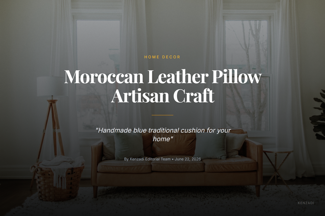 A close-up of a vibrant blue Moroccan leather pillow with traditional geometric patterns, resting on a neutral sofa