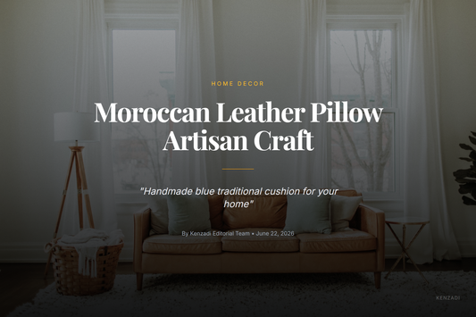 A close-up of a vibrant blue Moroccan leather pillow with traditional geometric patterns, resting on a neutral sofa