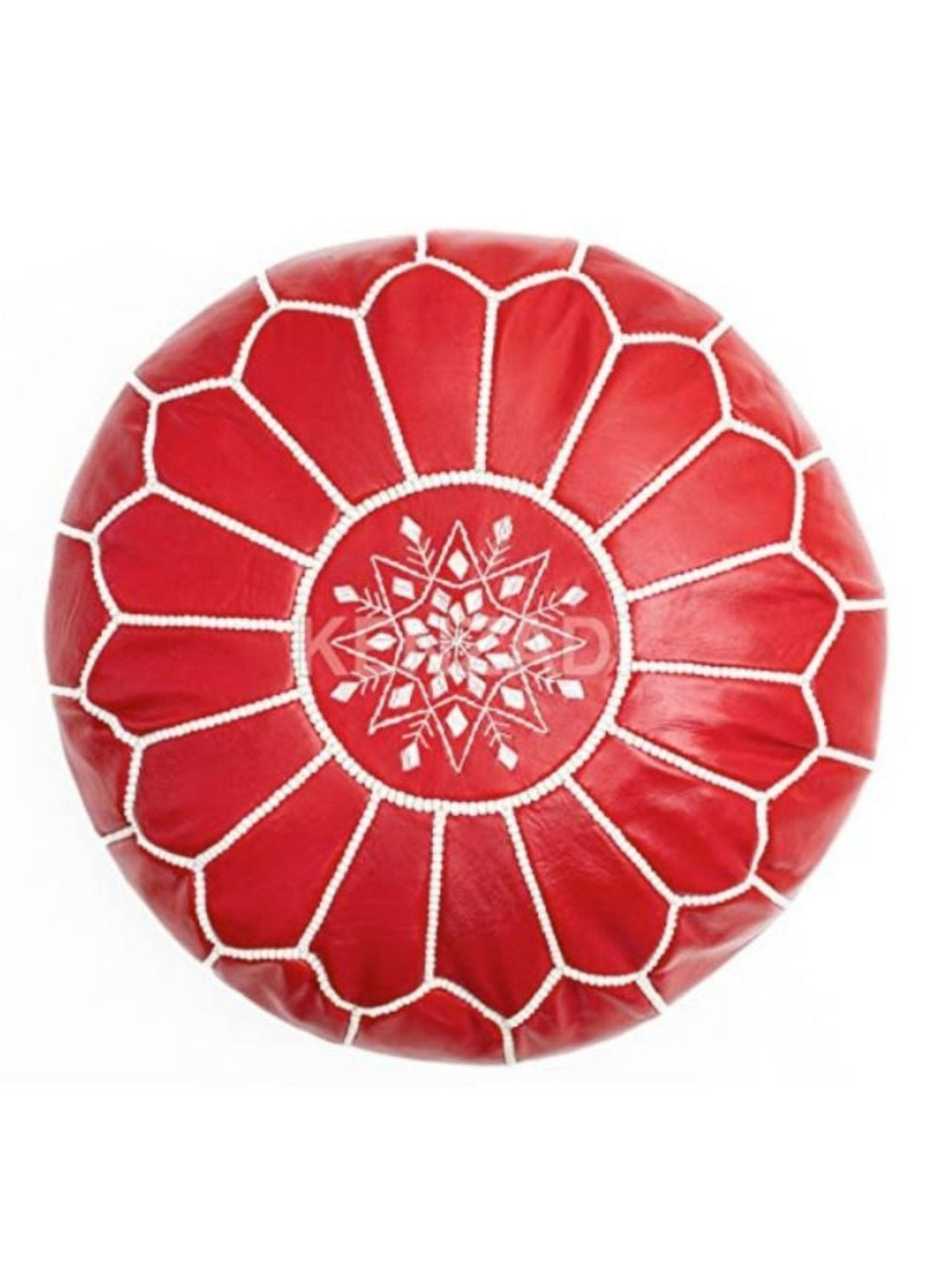 Moroccan leather pouf, red with white embroidery, a holiday gift idea