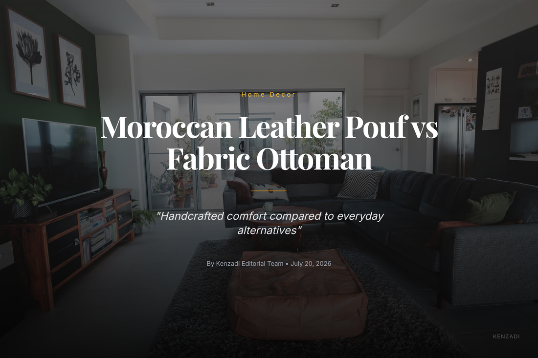 Round Moroccan leather pouf in beige with black embroidery placed in a living room